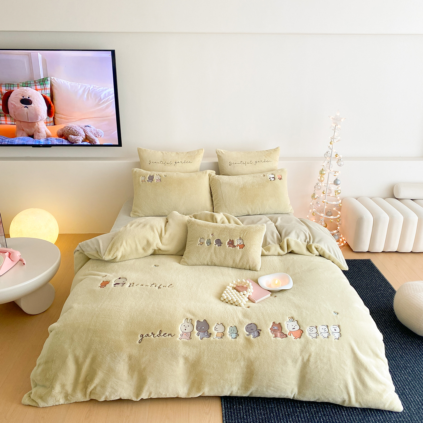 2025秋冬新款兔毛绒系列刺绣四件套-小卡通 小卡通-绿