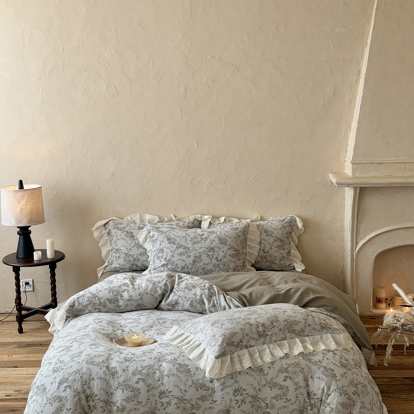 2025新款60S厚织大提花四件套-花边款 南法假日-灰绿