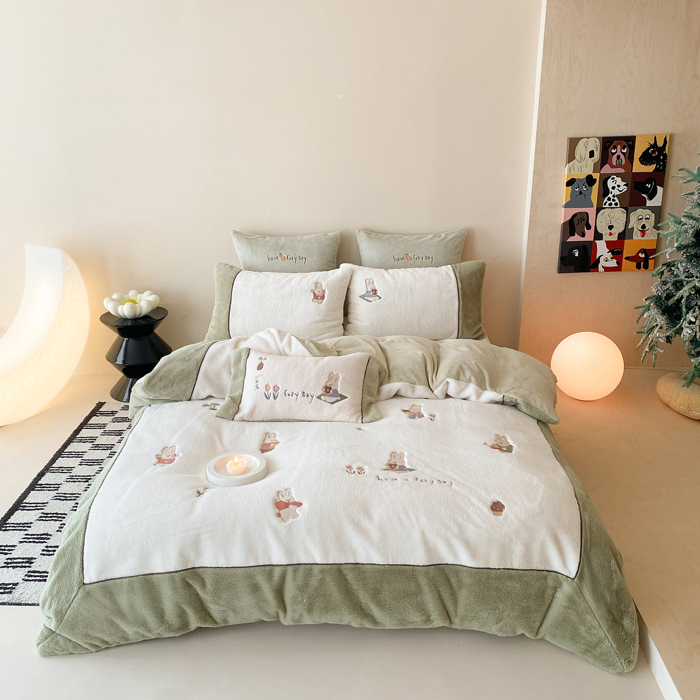 2025秋冬新款兔毛绒系列四件套-小兔乐园 小兔乐园-绿