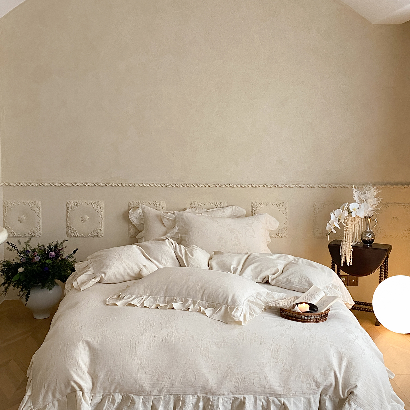 2025新款荷叶边棉麻提花四件套 蓝风铃