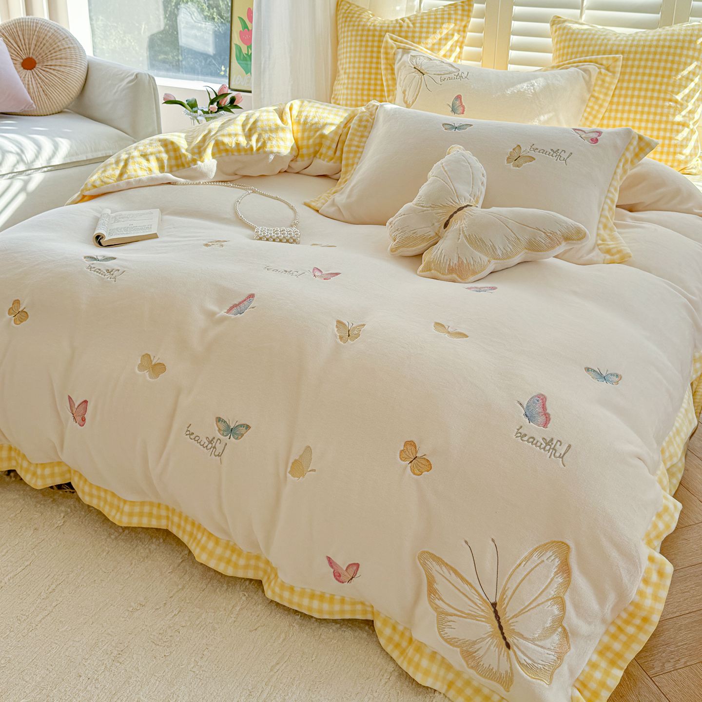 2025新款230克全工艺高克重牛奶绒四件套-蝶语 蝶语-黄