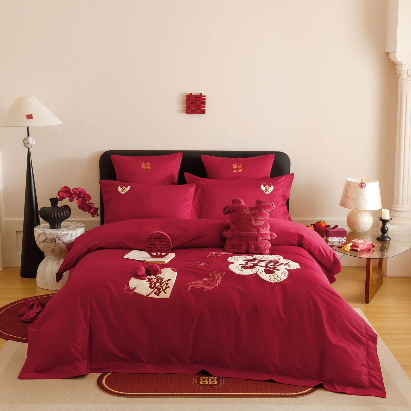 2025新款100S长绒棉刺绣四件套-锦鲤报喜 锦鲤报喜-红