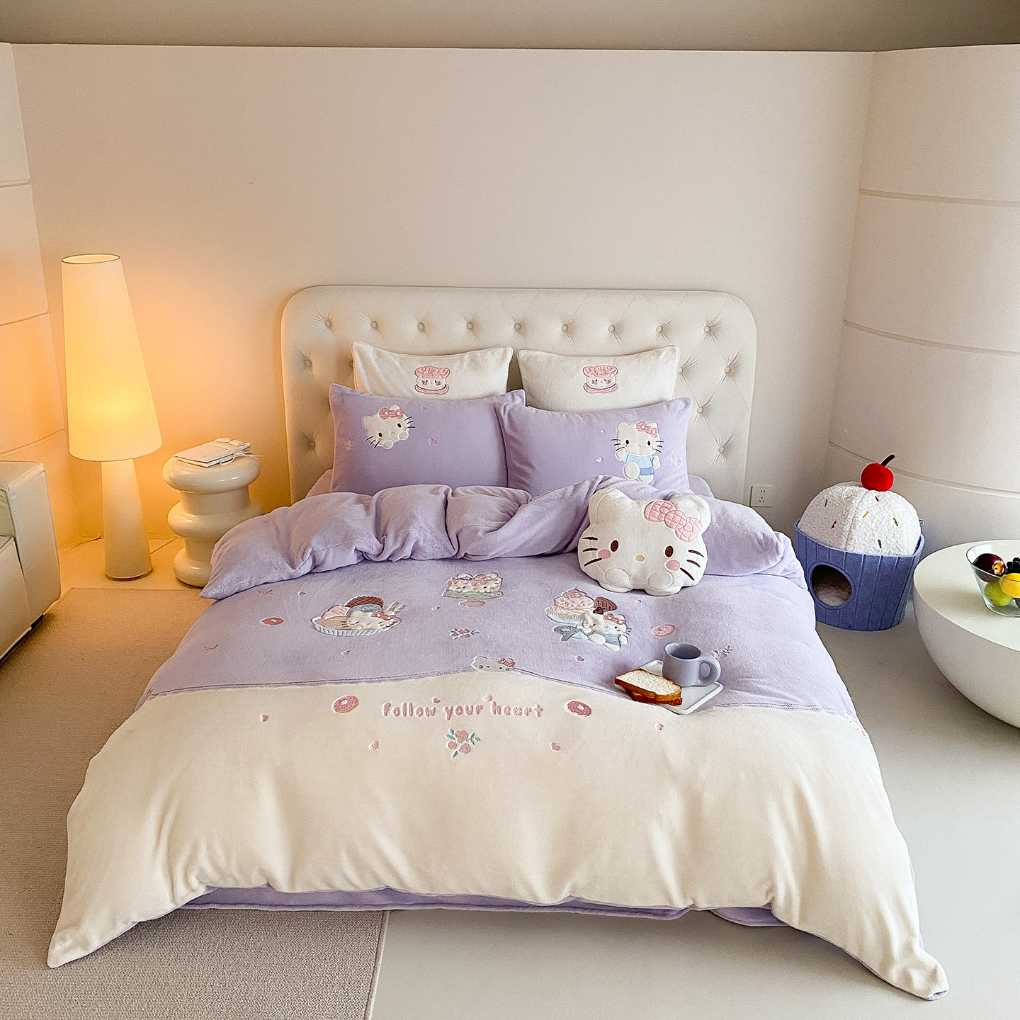 2025新款230g全消光工艺高克重牛奶绒四件套-可爱喵 可爱喵-紫