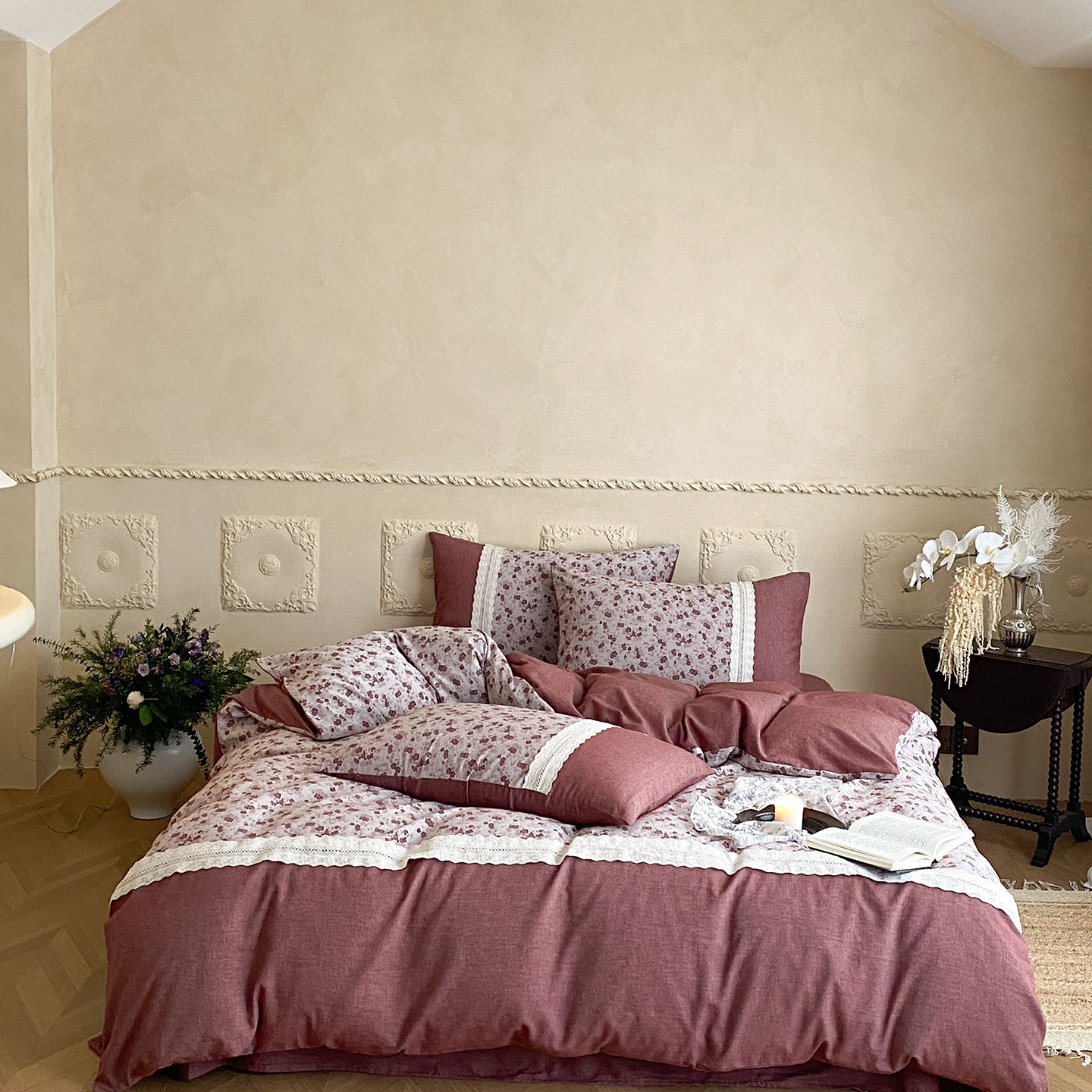 2025新款60s全棉厚织大提花花边系列四件套-流星雨 流星雨-绛红