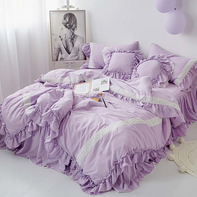 2018新款-水洗棉 公主蕾拉小姐四件套（床裙款） 1.5m（5英尺）床 紫