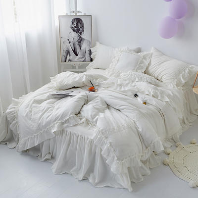 2018新款-水洗棉 公主蕾拉小姐四件套（床裙款） 1.5m（5英尺）床 方枕白