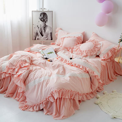 2018新款-水洗棉 公主蕾拉小姐四件套（床裙款） 1.5m（5英尺）床 方枕粉