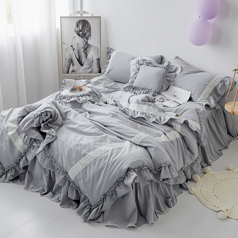 2018新款-水洗棉 公主蕾拉小姐四件套（床裙款） 1.5m（5英尺）床 方枕灰