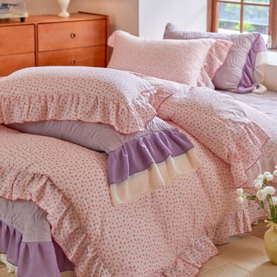 2023秋冬新款全棉双层纱床盖款四件套 1.8m床盖款四件套（床盖250x250cm) 粉色玫瑰