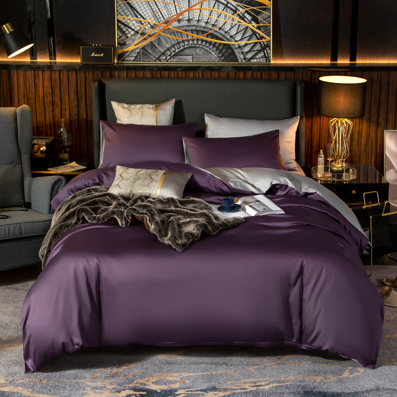 2020新款-长绒棉双拼四件套 床单款1.8m（6英尺）床 帝王紫+浅灰