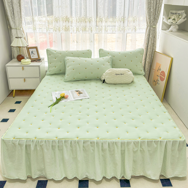 新款水洗棉夹棉加厚床褥式床裙 150cmx200cm 果绿