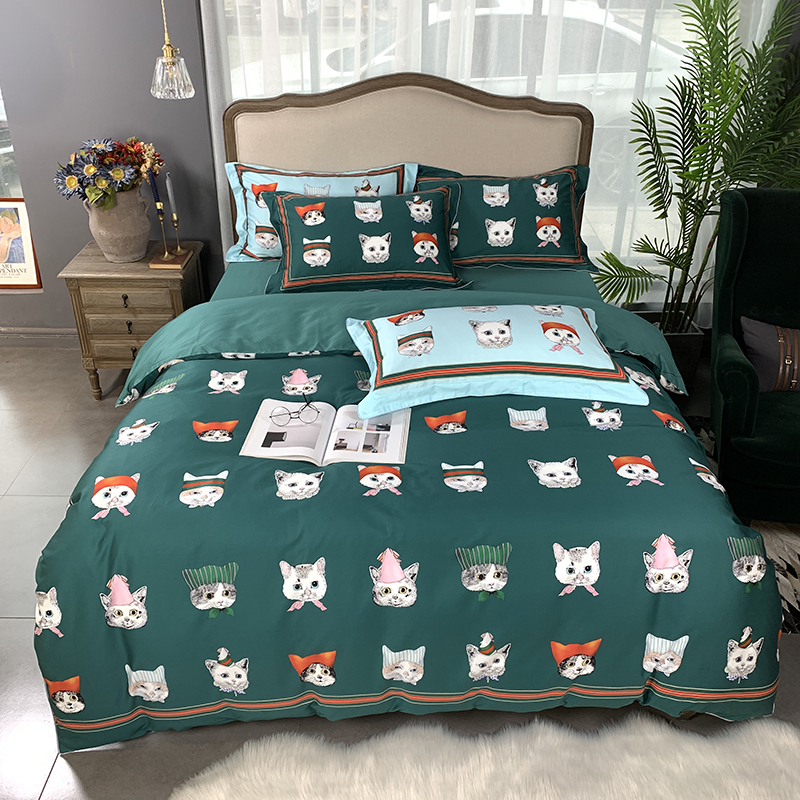 2019新款60S数码印花•长绒棉四件套 1.8m（6英尺）床 酷奇的猫-绿