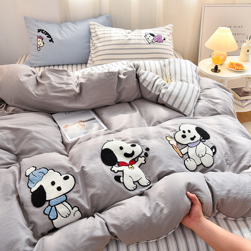 2025新款全棉A类40支双层纱卡通毛巾绣四件套-泡芙系