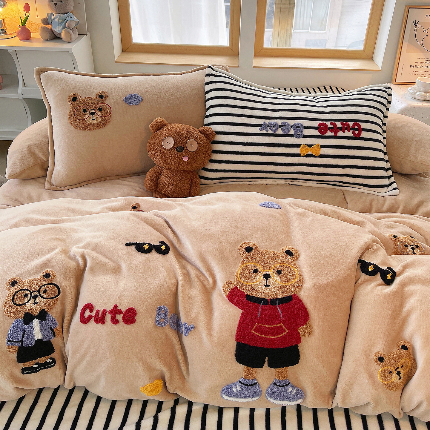 2025新款高克重牛奶绒满版毛巾绣卡通加厚四件套-糯米系列 糯米-绅士熊