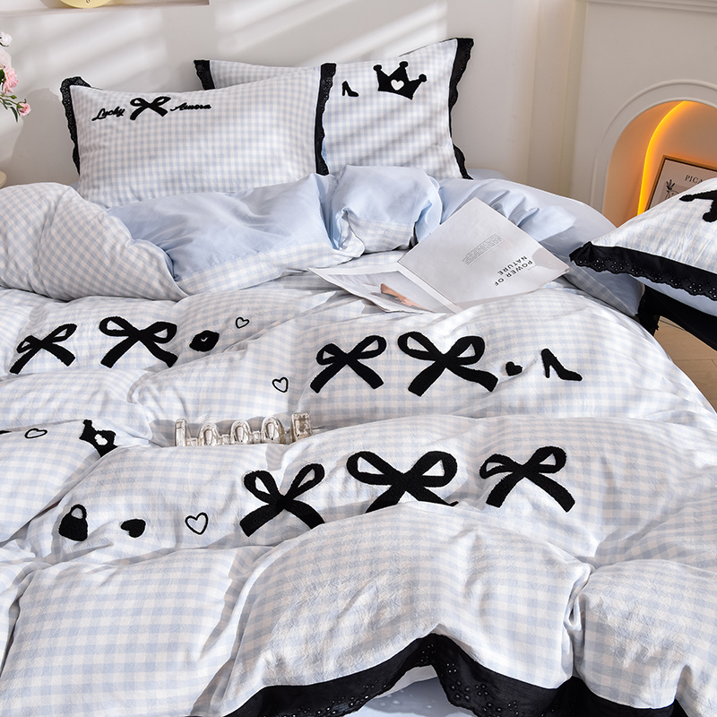 2025新款法式A类全棉40支水洗棉毛巾绣镂空花边四件套