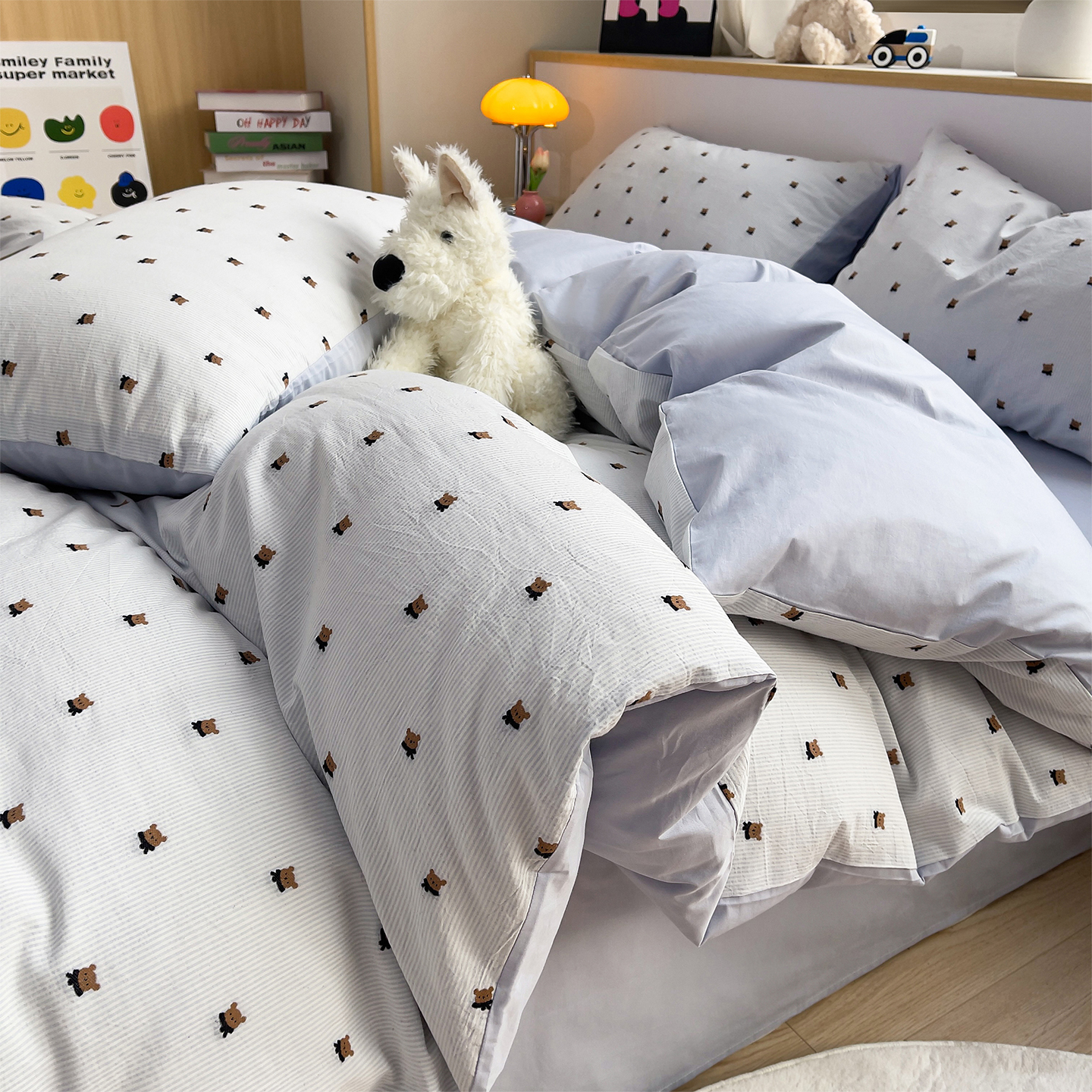 2026新款A类全棉60支色织提花剪花B版40支水洗棉四件套-米熊系列 米熊一星辰蓝