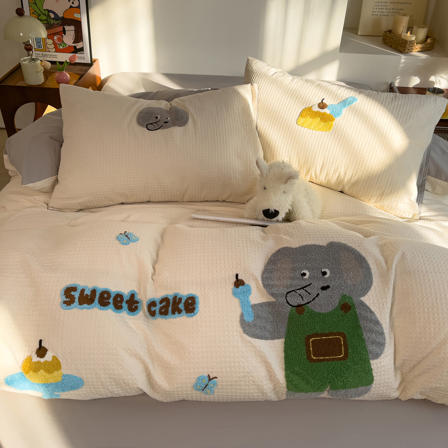 2026新款A类全棉色织华夫格卡通毛巾绣B版40支纯棉水洗棉四件套-乐邦系列 乐邦-甜筒象