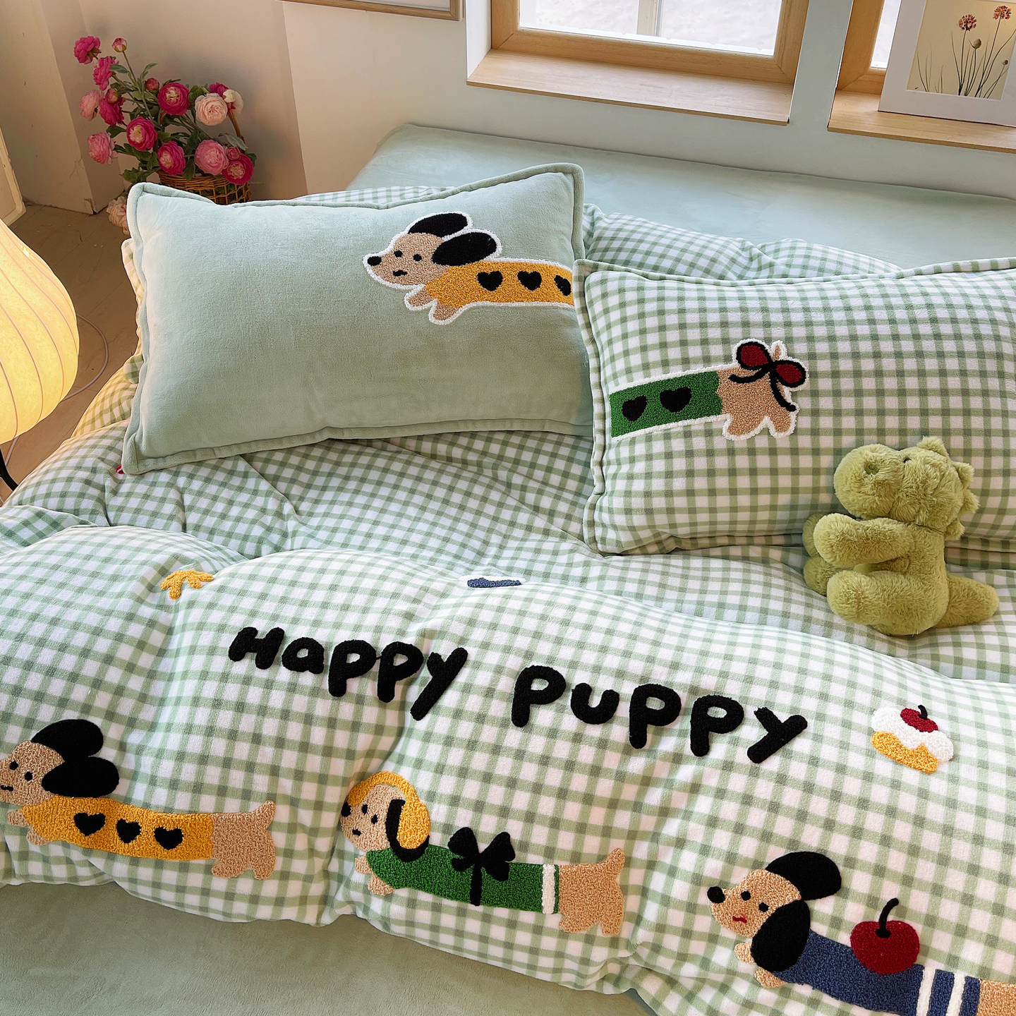 2025新款高克重牛奶绒格子卡通毛巾绣加厚四件套-糖宝系列 糖宝-汪星日记