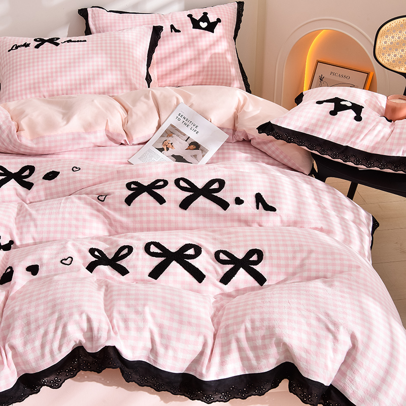 2025新款法式A类全棉40支水洗棉毛巾绣镂空花边四件套