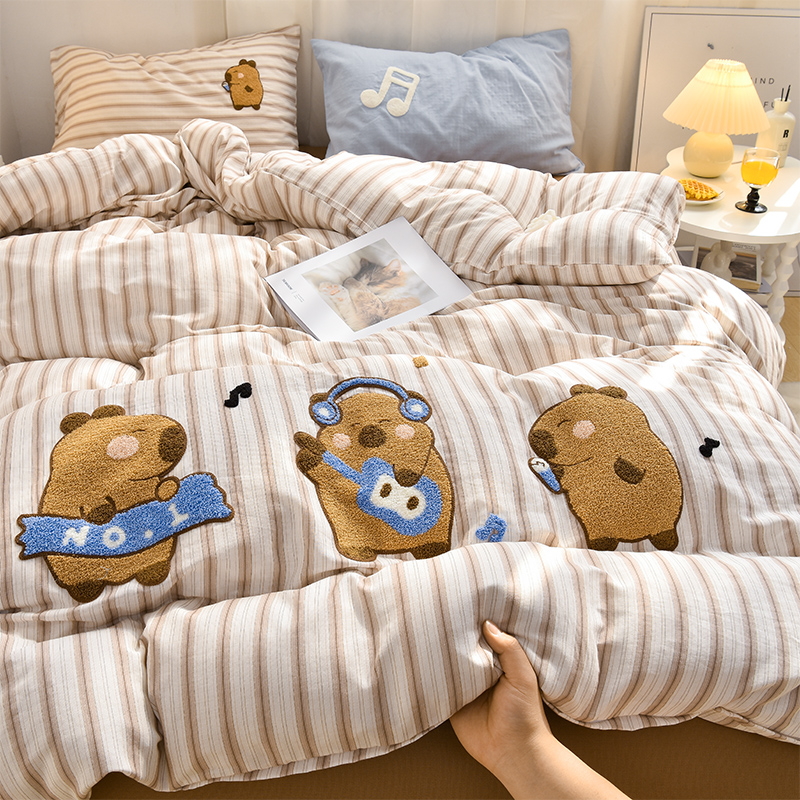 2025新款全棉A类40支双层纱卡通毛巾绣四件套-泡芙系