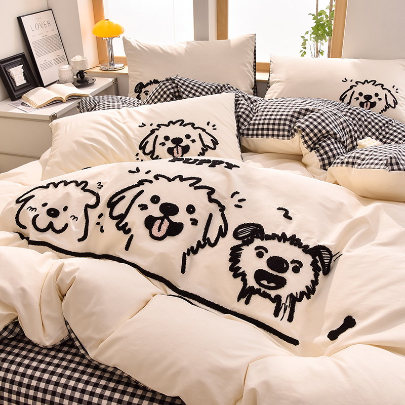 2026新款A类全棉40支水洗棉卡通毛巾绣四件套-多巴胺系列 多巴胺-潦草小狗