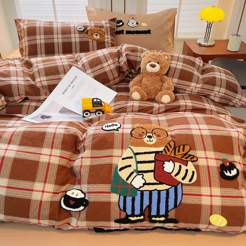 2025新款A类全棉40支水洗棉毛巾绣四件套-卡通多巴胺 面包熊