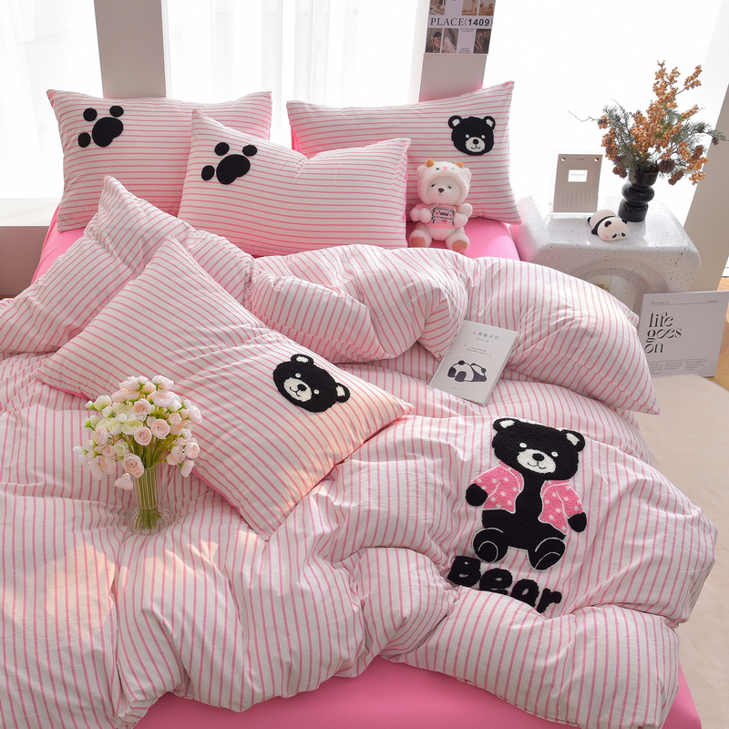 2026新款A类全棉40支水洗棉卡通毛巾绣四件套-多巴胺系列 多巴胺-小黑熊