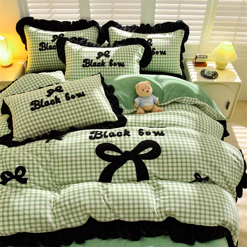 2025新款法式蝴蝶结毛巾绣韩版加厚小格子花边牛奶绒四件套 法式蝴蝶结-绿