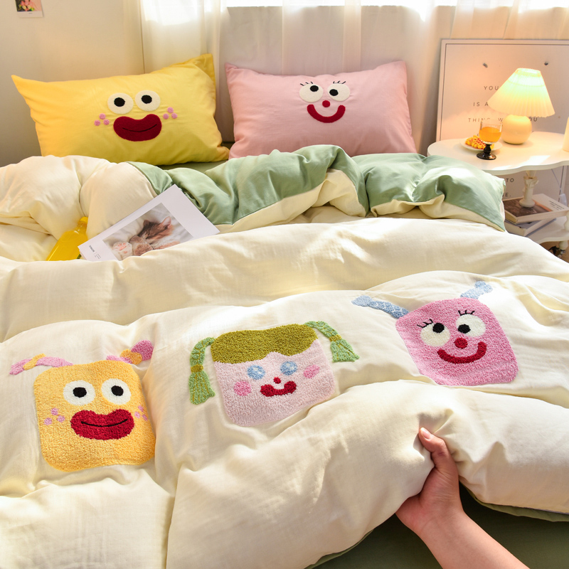 2025新款全棉A类40支双层纱卡通毛巾绣四件套-泡芙系