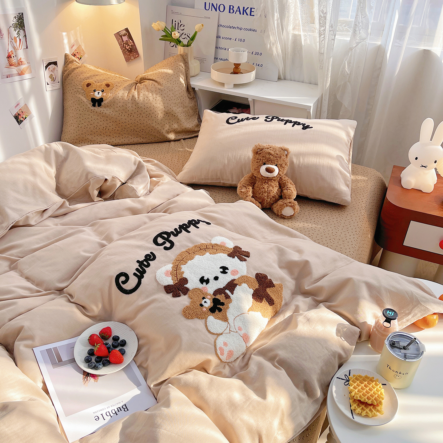 2025新款全棉A类40支双层纱卡通毛巾绣四件套-慕斯系