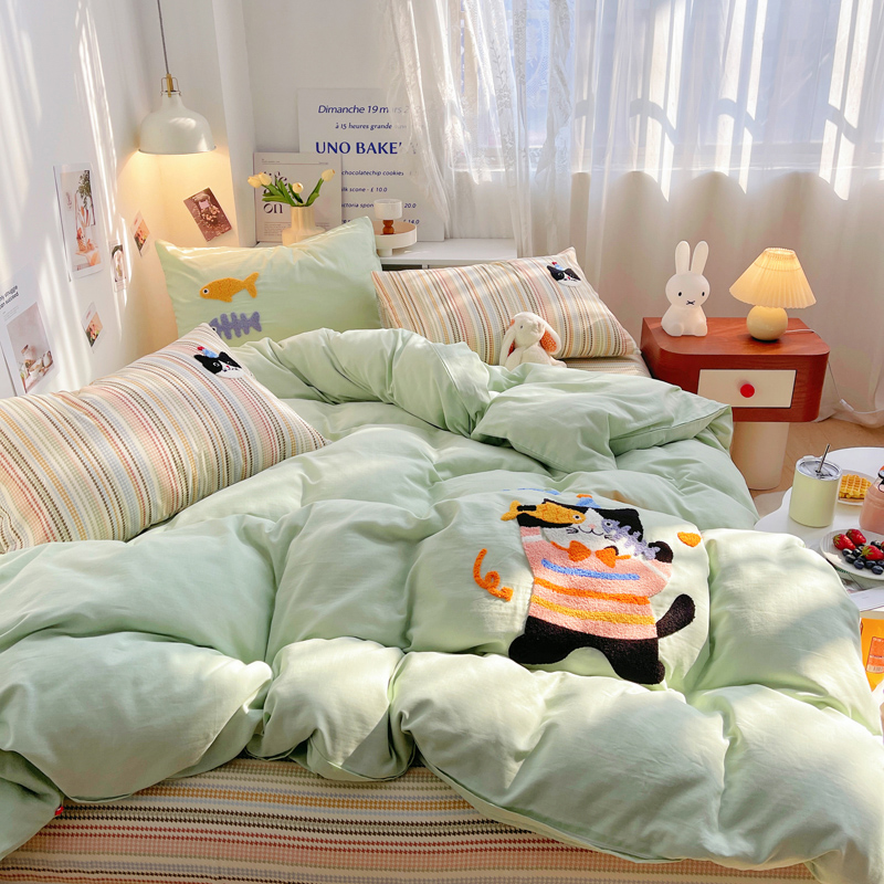 2026新款全棉A类双层纱卡通毛巾绣四件套-泡芙系列 泡芙-趣味猫