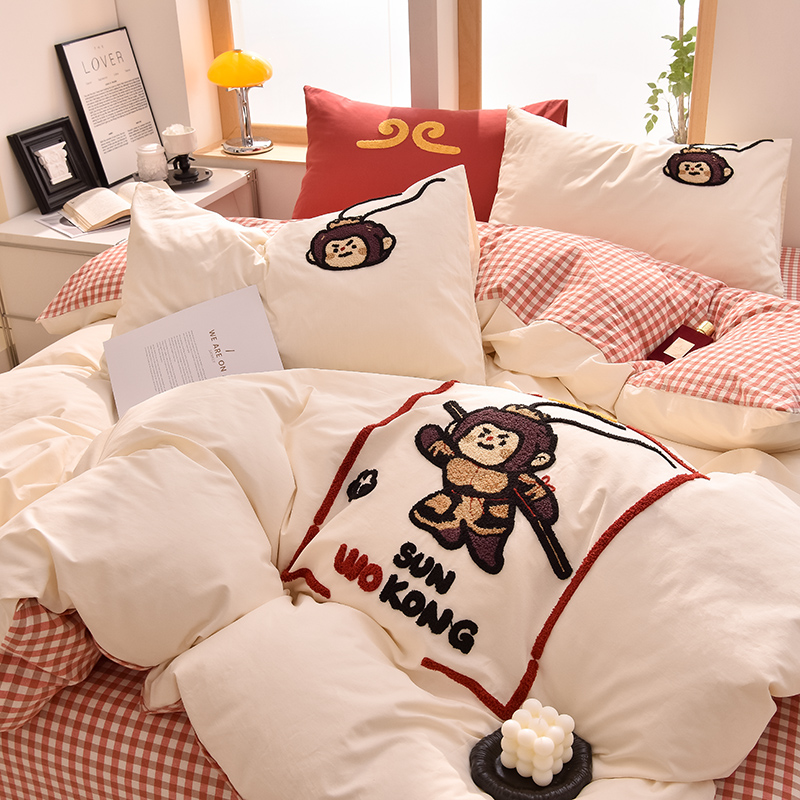 2026新款A类全棉40支水洗棉卡通毛巾绣四件套-多巴胺系列 多巴胺-美猴王