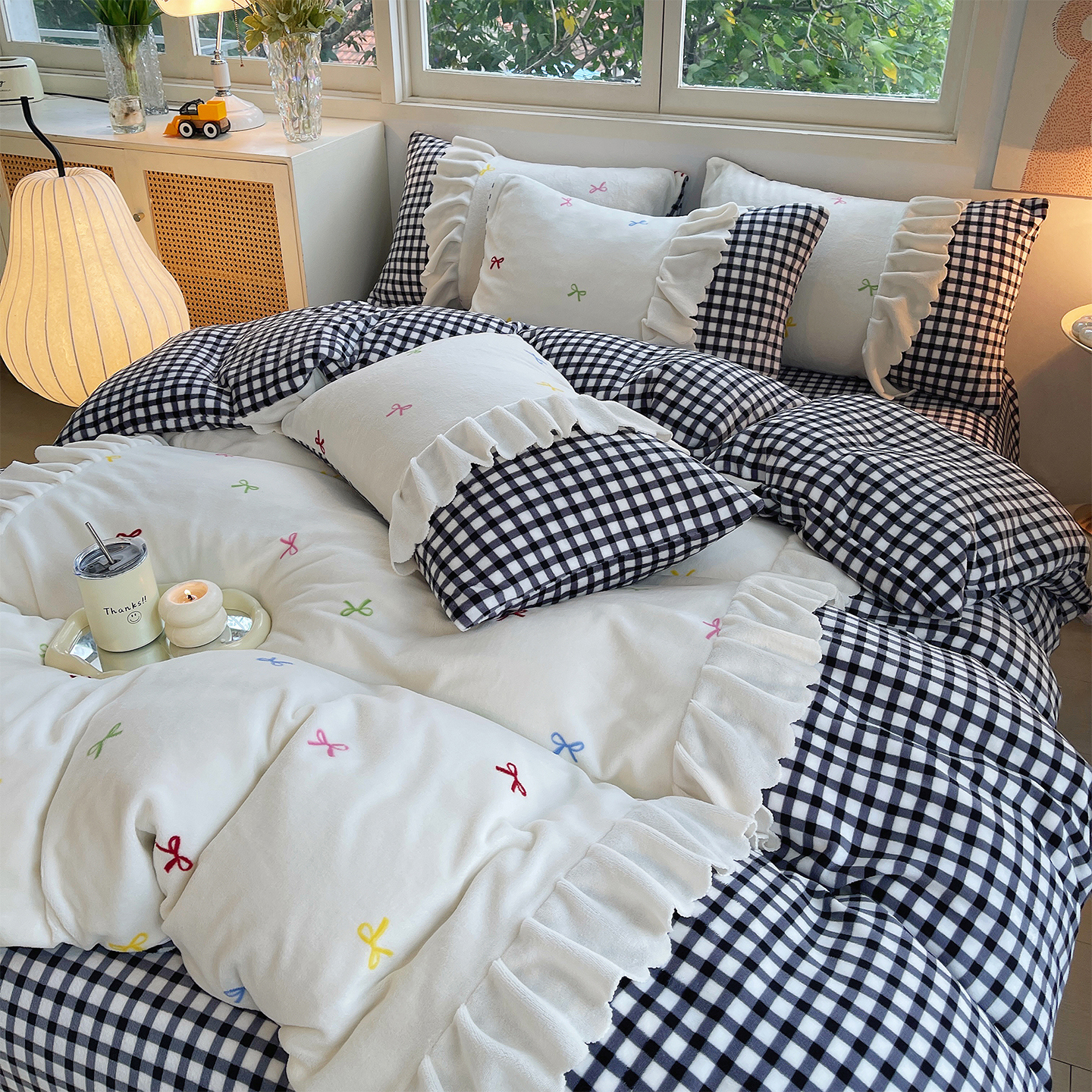 2025新款韩版高克重牛奶绒蝴蝶结格子款四件套-奶盐系列 奶盐-墨韵