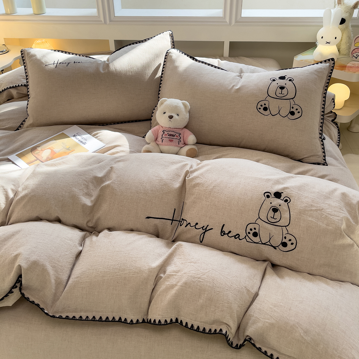 2026新款A类棉麻刺绣卡通贝壳边四件套-布鲁系列 布鲁-小熊