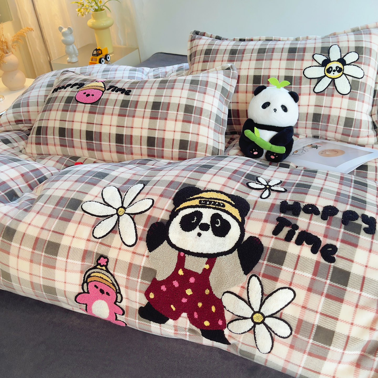 2025新款高克重牛奶绒毛巾绣卡通四件套-可孚系列 可孚-阳光熊猫-灰