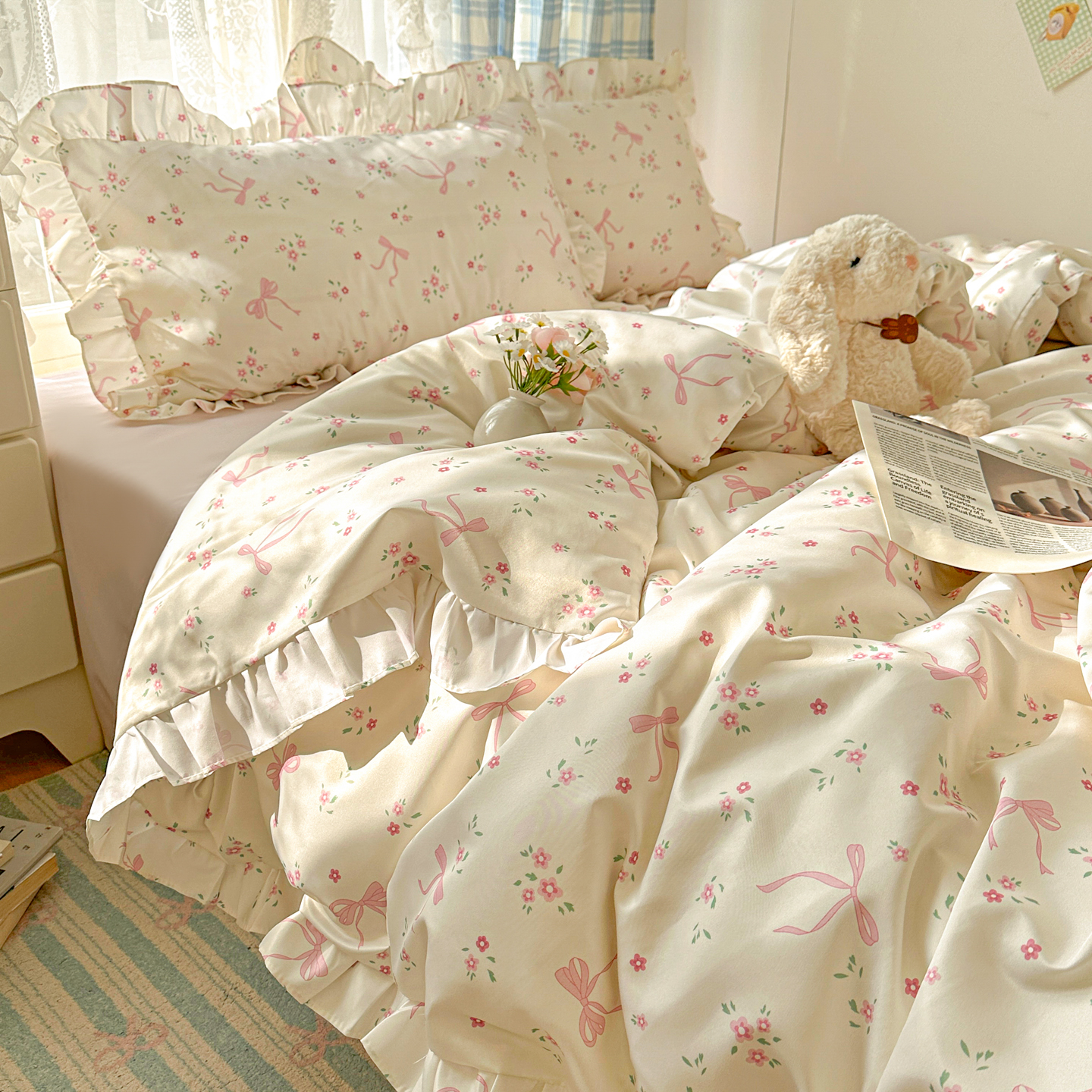 2026新款韩版冰丝四件套公主花边水洗真丝四件套