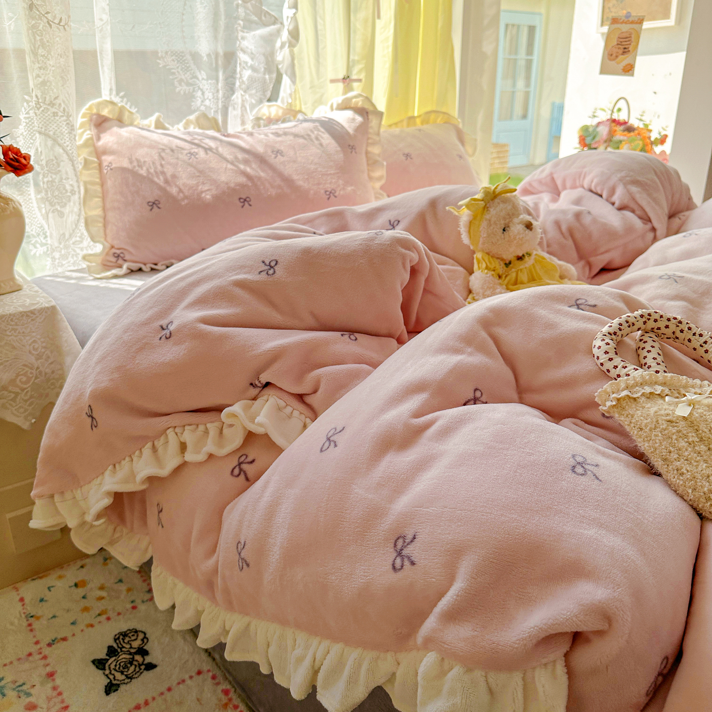 2025新款A类200克花边款韩版牛奶绒四件套-蝴蝶结 蝴蝶结粉