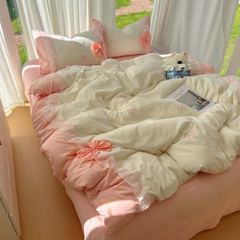 2025新款水洗棉韩版公主风四件套蝴蝶结 蝴蝶结-粉