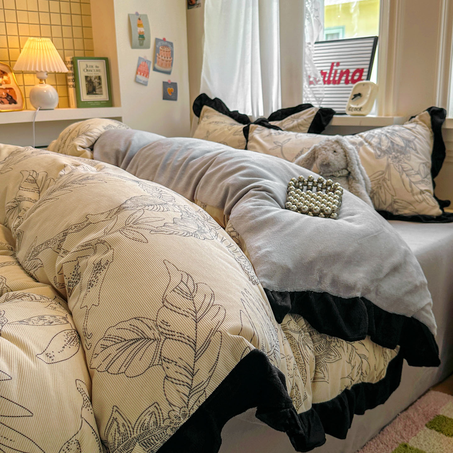 2025新款轻法式赫本风灯芯绒牛奶绒四件套提花立体韩版花边复古牛奶绒三件套 月亮花房-羽叶