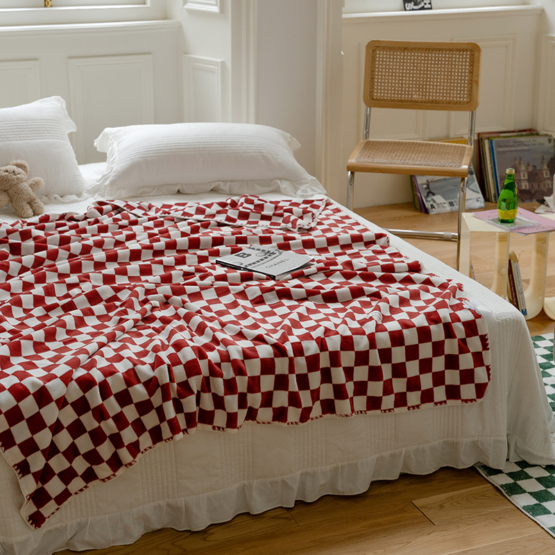 2021新款棋盘格双色盖毯毯子 100x150cm 树莓红