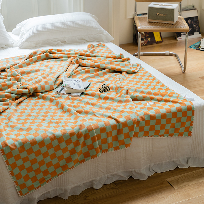 2021新款棋盘格双色盖毯毯子 150x200cm 蜜柚橘