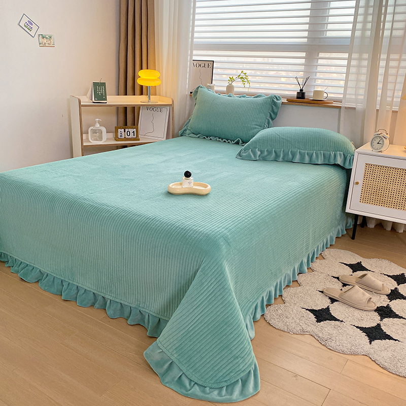 2023新款保暖纯色牛奶绒花边床盖-丽莎 150*230cm（尺寸不含花边）单床盖 丽莎-靛蓝