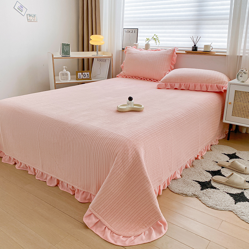 2023新款保暖纯色牛奶绒花边床盖-丽莎 150*230cm（尺寸不含花边）单床盖 丽莎-粉玉