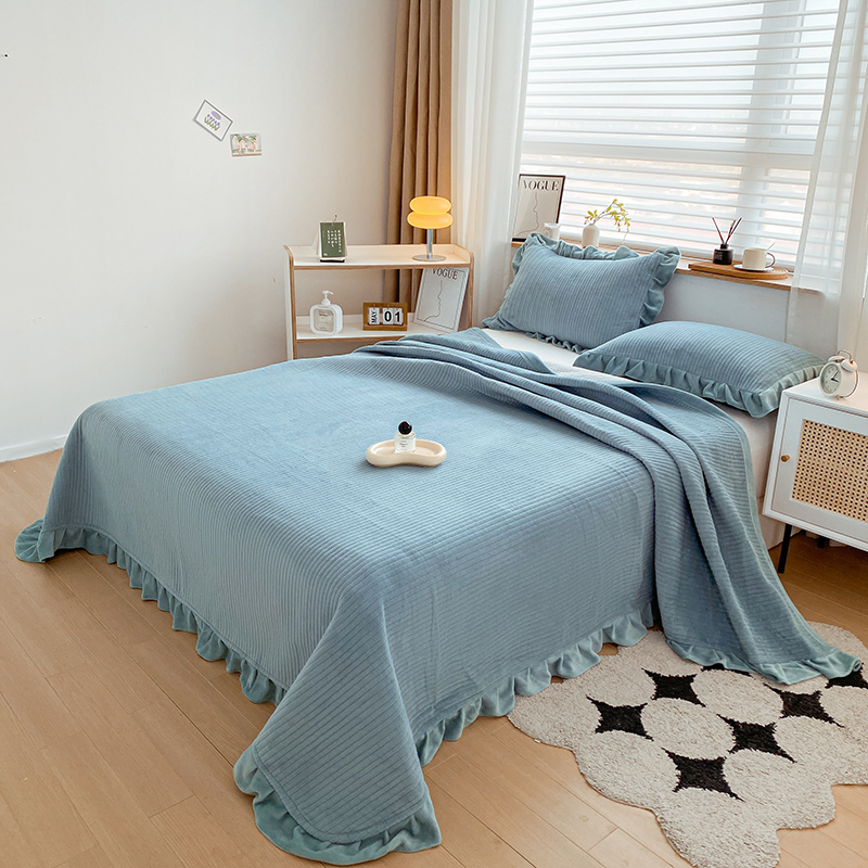 2023新款保暖纯色牛奶绒花边床盖-丽莎 150*230cm（尺寸不含花边）单床盖 丽莎-海盐蓝