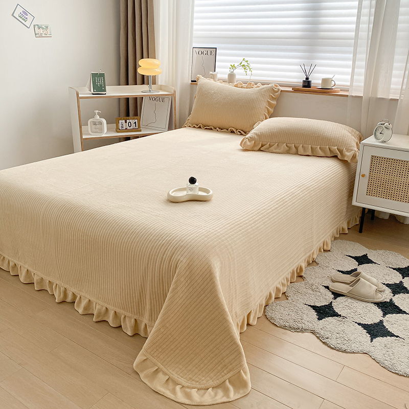 2023新款保暖纯色牛奶绒花边床盖-丽莎 150*230cm（尺寸不含花边）单床盖 丽莎-卡其