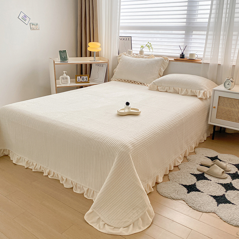 2023新款保暖纯色牛奶绒花边床盖-丽莎 150*230cm（尺寸不含花边）单床盖 丽莎-米白