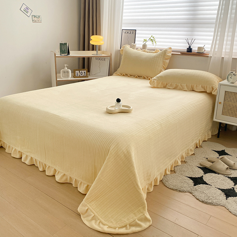 2023新款保暖纯色牛奶绒花边床盖-丽莎 150*230cm（尺寸不含花边）单床盖 丽莎-奶油黄