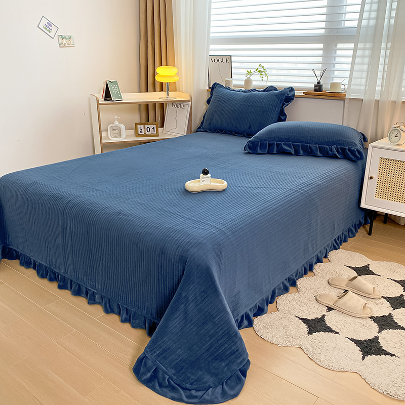 2023新款保暖纯色牛奶绒花边床盖-丽莎 150*230cm（尺寸不含花边）单床盖 丽莎-雾霾蓝