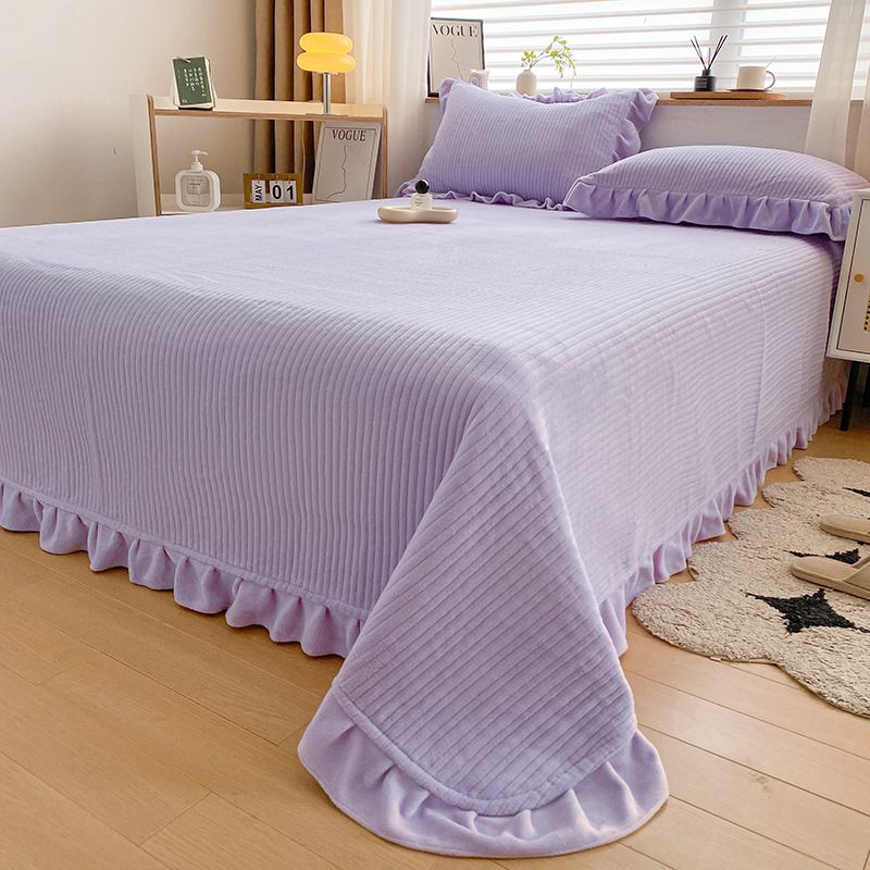 2023新款保暖纯色牛奶绒花边床盖-丽莎 150*230cm（尺寸不含花边）单床盖 丽莎-香芋紫