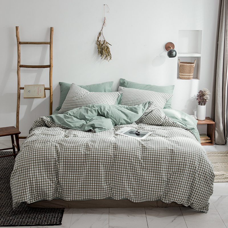 2019新款-全棉水洗棉纯色双拼四件套 1.5m（5英尺）床 绿白小格